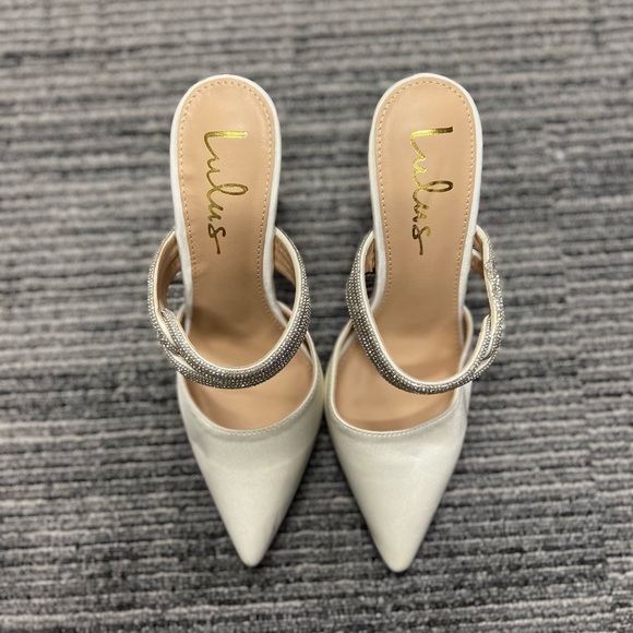 Celines White Satin Rhinestone Pointed-Toe Mule Pumps - Picture 6 of 6